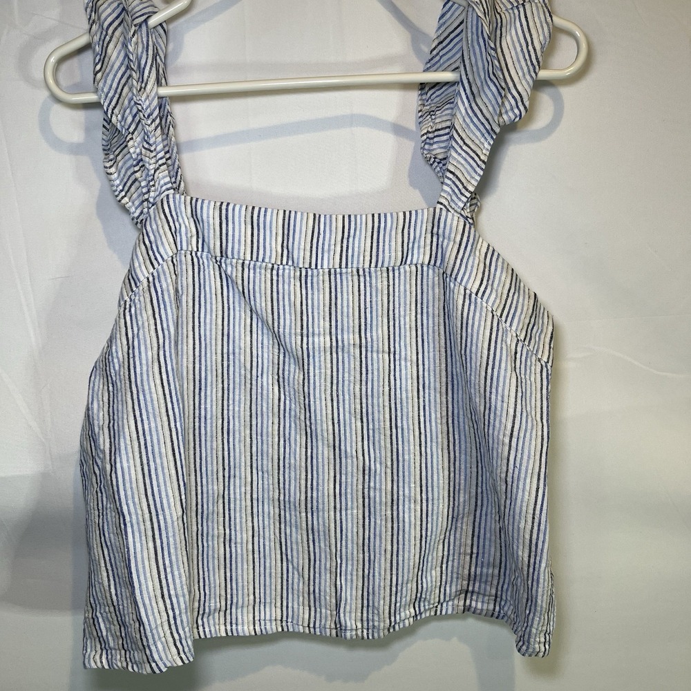 Line and Dot Linen Crop Ruffle Sleeve Tank Top Shirt‎ Medium Sleeveless Blue